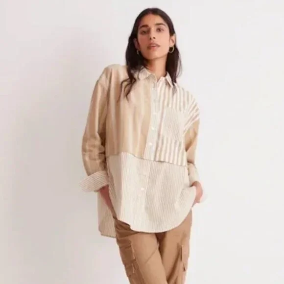 Madewell Tan White 2 in 1 Oversized Striped 100% Cotton Shirt Size S - Picture 4 of 15